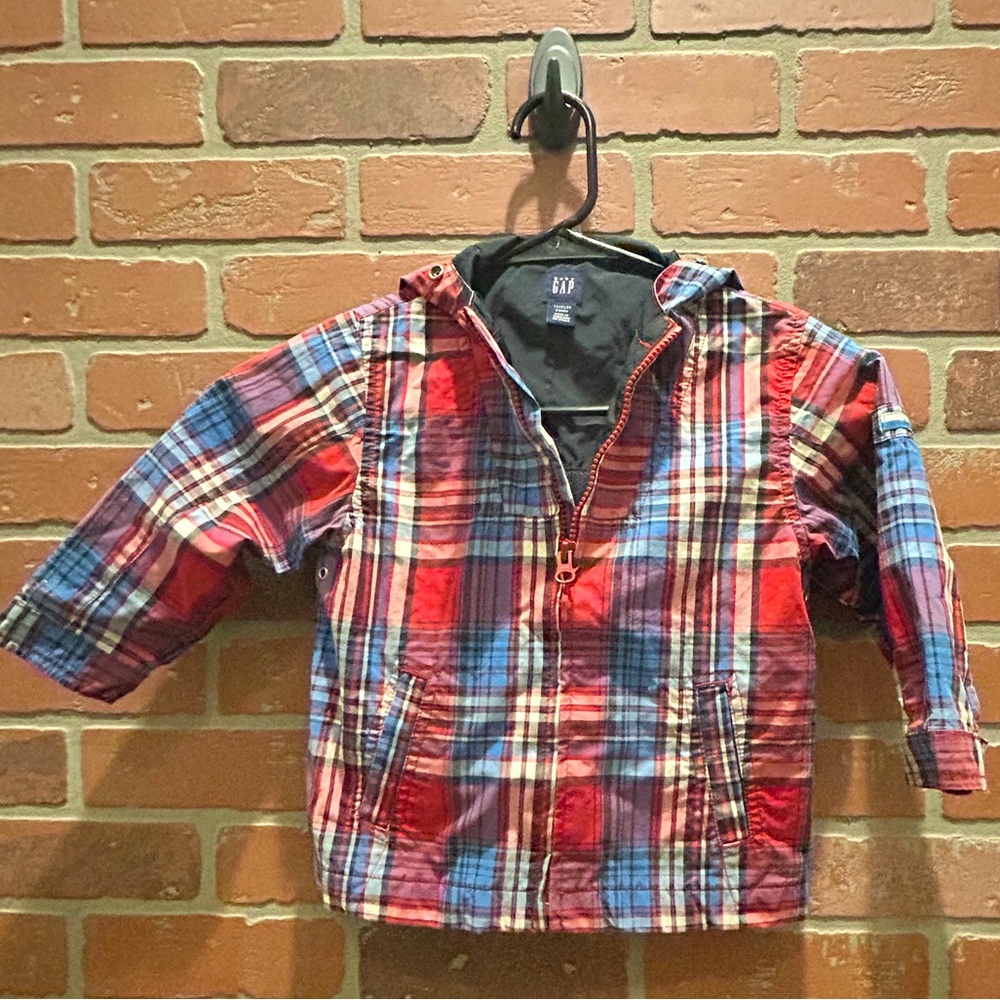 Gap toddler boys plaid 1/2 zip hooded rain jacket US size 3T EUC